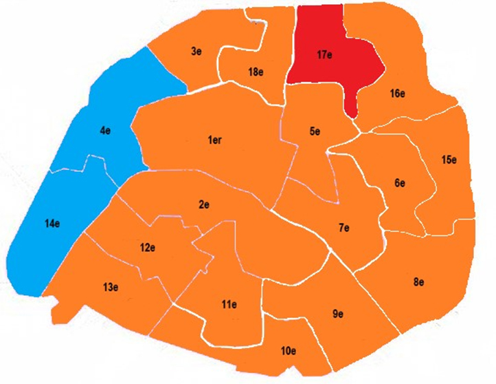 Figure 5 : L'appartenance politique des élus 2017 (orange : LREM, bleu : LR, rouge : FI)