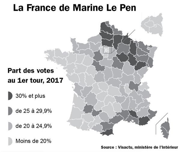 Figure 10 : Carte du Vote FN au 1er tour de la présidentielle 2017 (Source Visactu, Ministère de l’intérieur, 2017)
