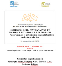 Anthropologie, Psychanalyse et politique regards sur les terrains. Appartenances et globalisation, sexes et identités : modes de production Anthropologie, Psychanalyse et politique regards sur les terrains. Appartenances et globalisation, sexes et identités : modes de production