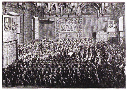 Polilly (d'après Delamonce), <em>Le lit de justice du 12 septembre 1715</em>, 1715 (?), Paris, Bibliothèque Nationale de France, gravure (Repr.: Philippe Lorentz, <em>La crucifixion du Parlement de Paris</em>, Paris, RMN, 2004, p13.)