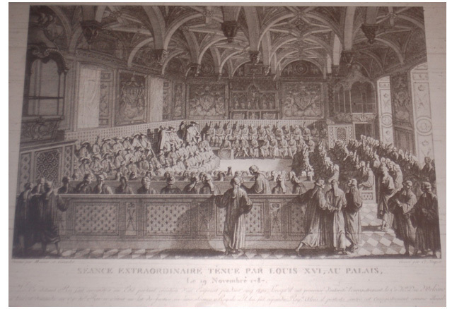 Cl. Niquet (d'après Meunier et Girardet), <em>Séance extraordinaire tenue par Louis XVI, au Palais, le 19 novembre 1787</em>, époque révolutionnaire, Paris, Bibliothèque Nationale de France, coll. de Vinck, gravure à l'eau-forte et burin,17,6x26,5cm