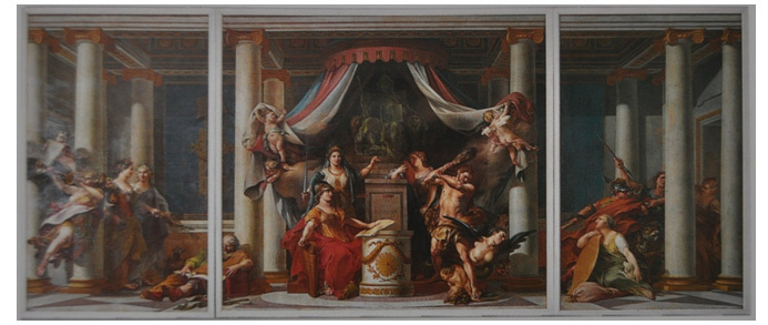 Clément-Louis Belle, <em>La Convention nationale décrète l'abolition de la monarchie</em>, 1792-1793, Vizille, Musée de la Révolution, huile sur toile, tryptique partie centrale : 3,56x3,86m; parties latérales, 3,56x2,20m