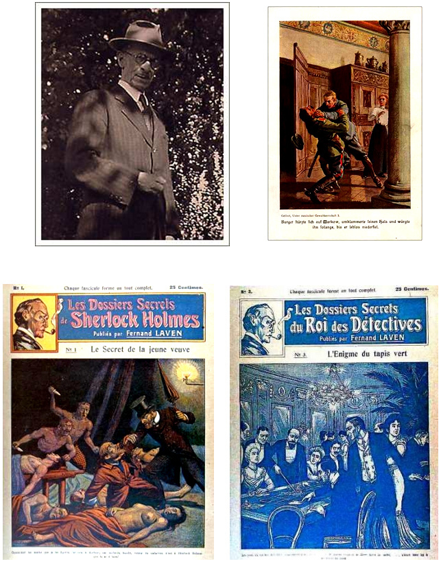 En haut : Alfred Roloff (1879-1951) et l’une des couvertures réalisée par lui pour un livre d’enfant. En bas : ses dessins de couvertures utilisées successivement pour les éditions françaises des précurseurs de « Harry Dickson » : « Les dossiers secrets de Sherlock Holmes », puis « Les dossiers secrets du roi des détectives » (dont les trois premiers fascicules furent imprimés en bleu, l’éditeur pris de court n’ayant pu utiliser d’emblée la quadrichromie).