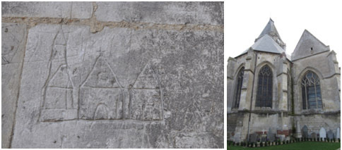 Figures 5a et 5b : Graffito d’une église, probablement celle de Paillart sur les murs de l’église Saint-Denis de Paillart. Église Saint-Denis de Paillart vue du chevet.