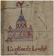 Figure 9 : Dessin représentant l’église de Luchy réalisé par Jacques Trebuquet, arpenteur. Plan du hameau et terroir de Rougemaison, relevant de l’abbaye Notre-Dame-de-Beaupré, indiquant le nom des tenanciers, 1720. Archives départementales de l’Oise, plan 296/1.