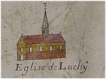Figure 10 : Dessin représentant l’église de Luchy réalisé par Jacques Trebuquet, arpenteur. Plan du hameau et terroir de Rougemaison, relevant de l’abbaye Notre-Dame-de-Beaupré, indiquant le nom des tenanciers, 1720. Archives départementales de l’Oise, plan 296/2.
