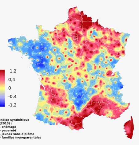 Figure 9 : Carte de la précarité en France (Le Bras, 2017)